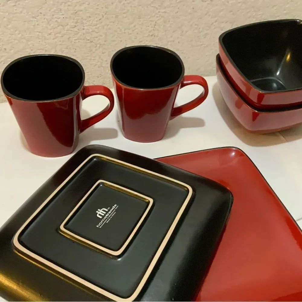 Home Trends Rave Red 2 dinner plates 2 Square Bowls 2 mugs set of 6 G19